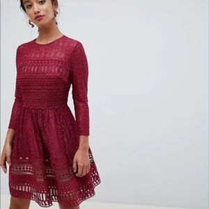 New Burgundy Lace and Crochet Skater Dress, Size S